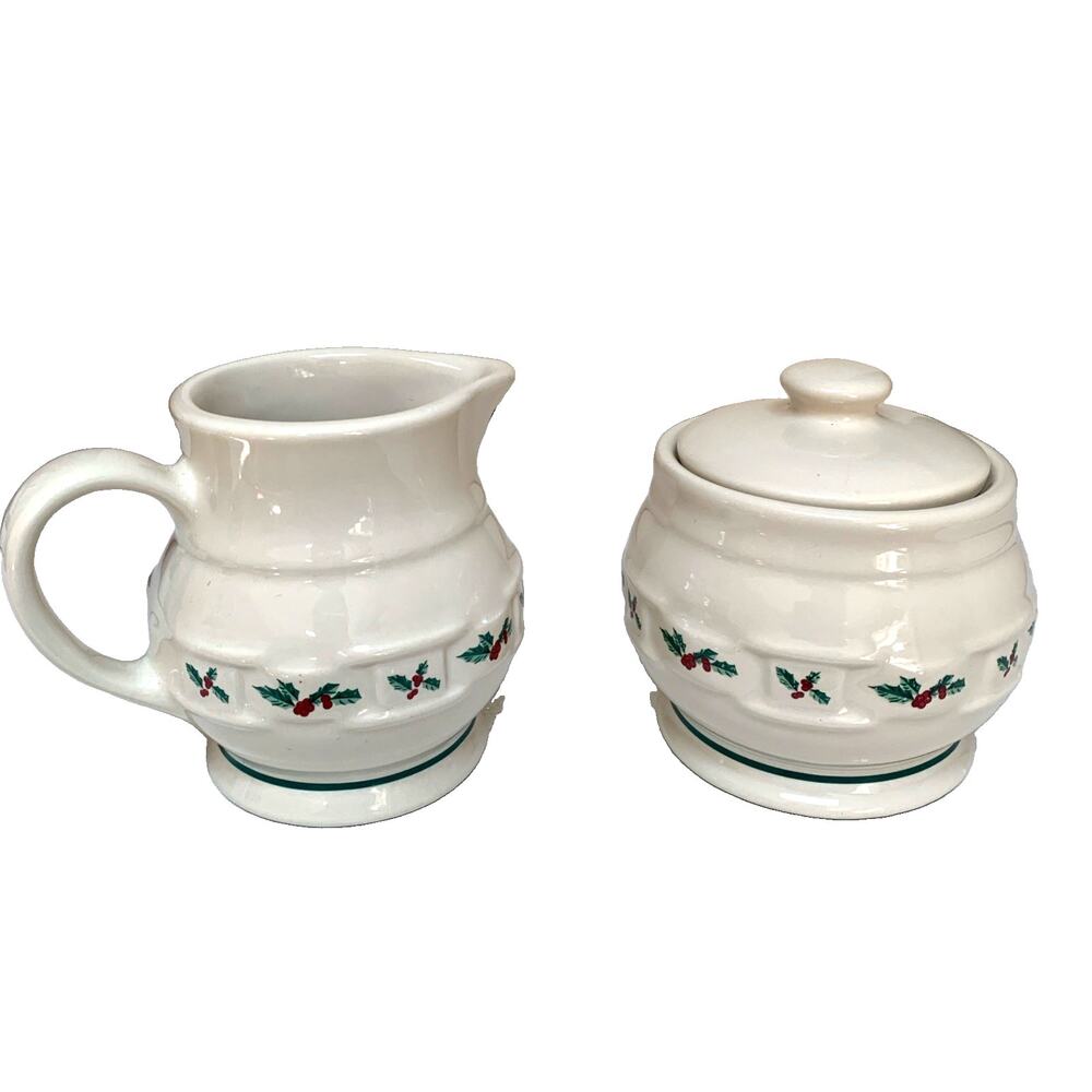 Longaberger Woven Traditions Creamer & Sugar Set-Traditional Holly Christmas